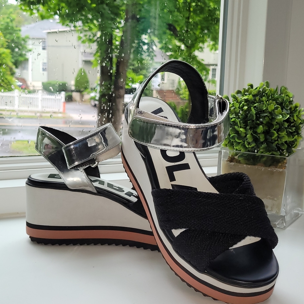 Bimba Y Lola Womens Black Silver Wedge Heel Strappy Sandals Size EUR 39
